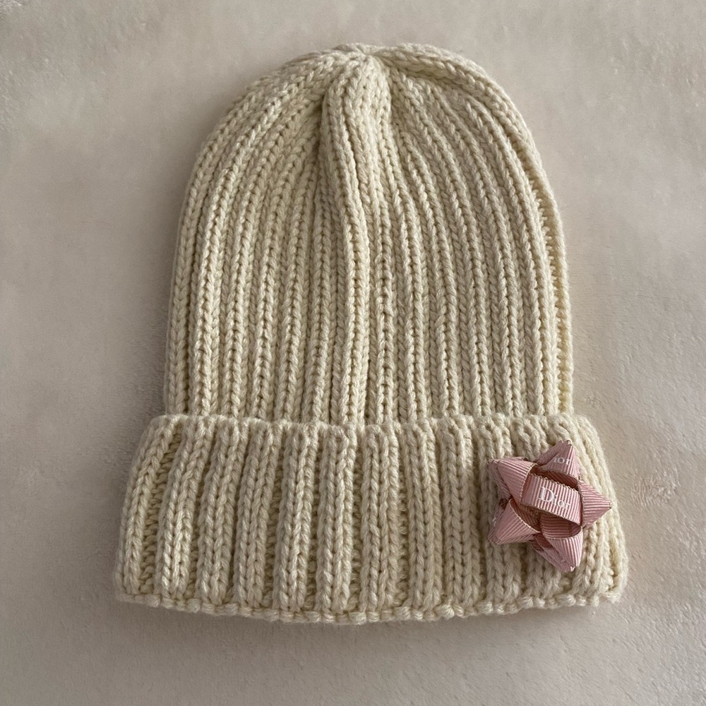 Cream Knit Beanie with Dior Ribbon Bow Pin